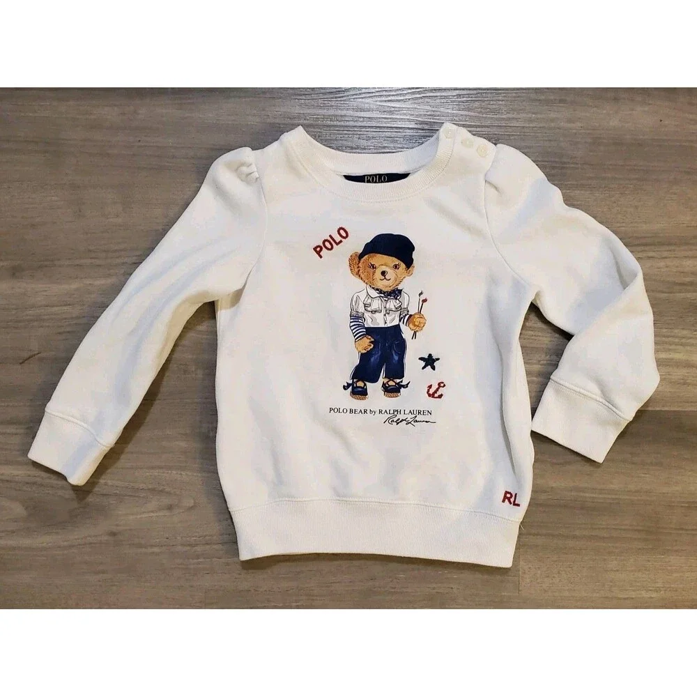 Ralph Lauren Polo RL Girls Polo Painter Bear Fleece Sweatshirt White Sz 4T
